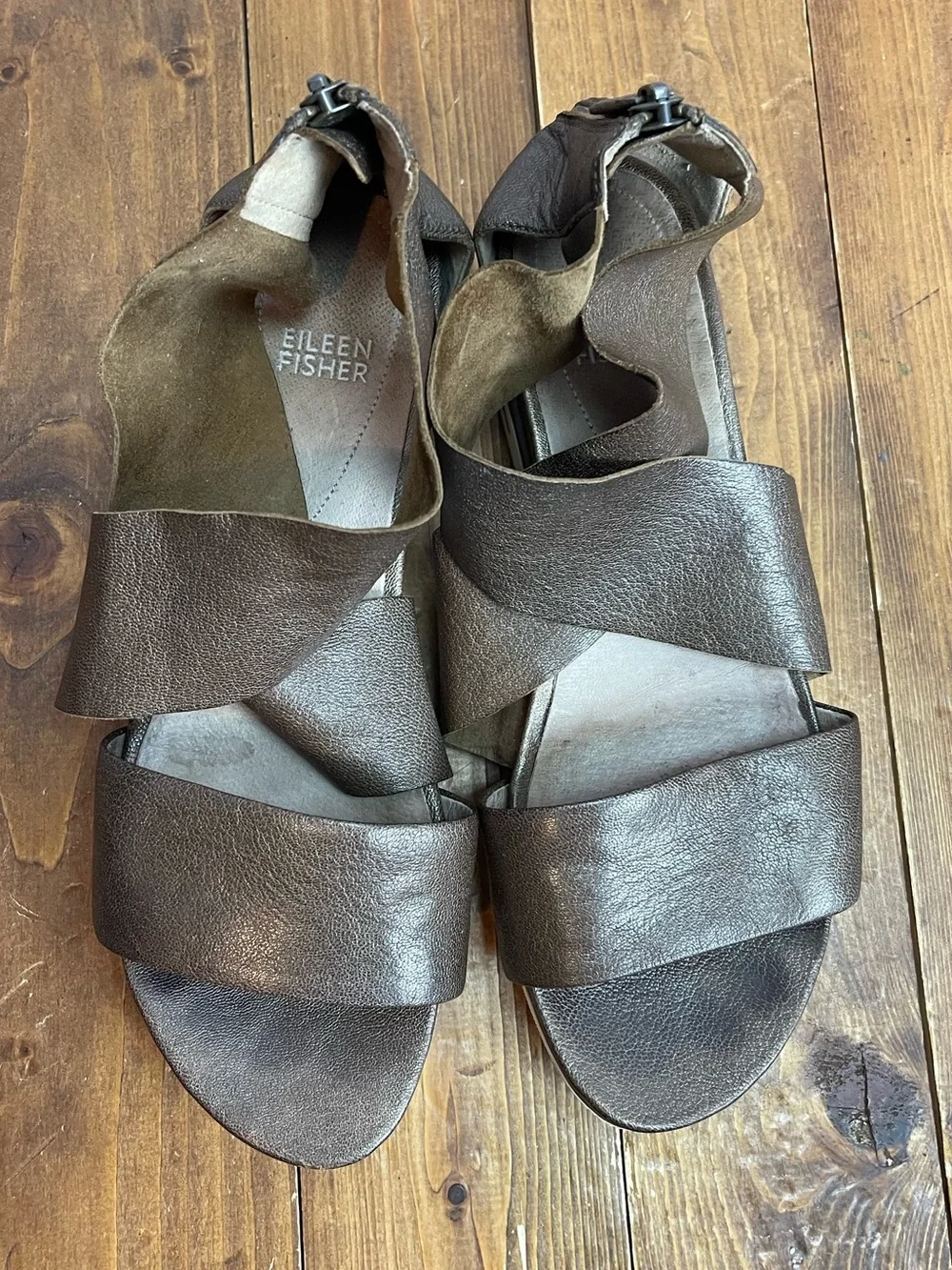 Eileen Fisher sport platform sandals tumbled bronze metallic leather size 9